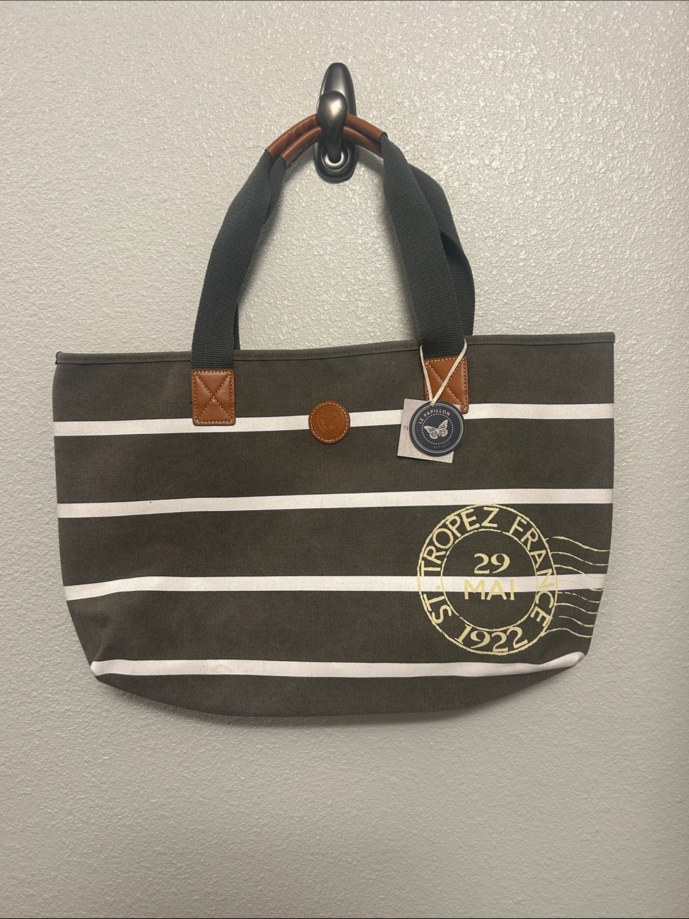 Gray White Striped Canvas Tote Leather Le Papillon St Tropez France 1922 NWT